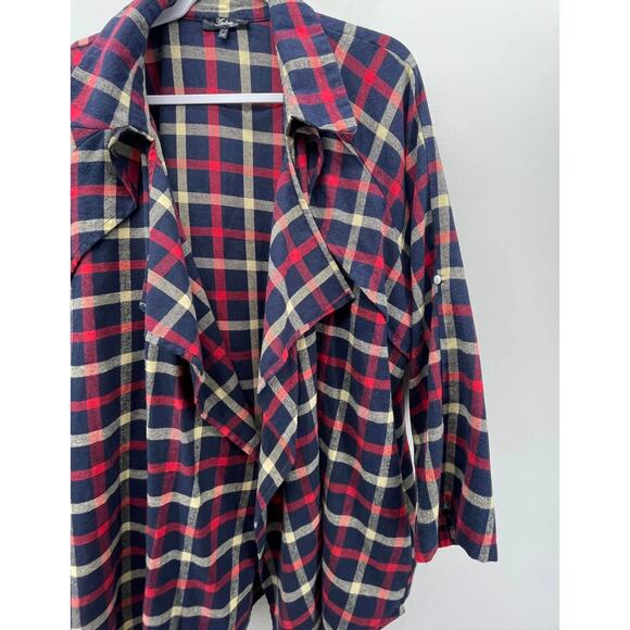 Andree By Unit Navy Blue Red Cream Plaid Flyaway Flannel - Picture 4 of 6